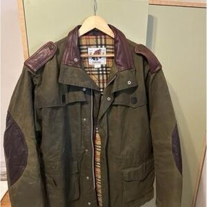 Men's Olive Waxed Cotton Field Jacket with Brown Leather Trim